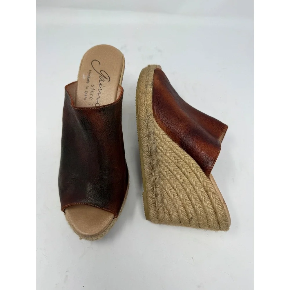 Gaimo Spain Brown Leather Espadrille Wedge Sandals Peep Toe Mules Women 38